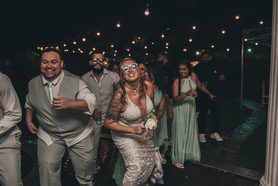 Joyful wedding reception dancing