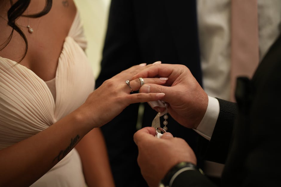 Close up of wedding ring exchange