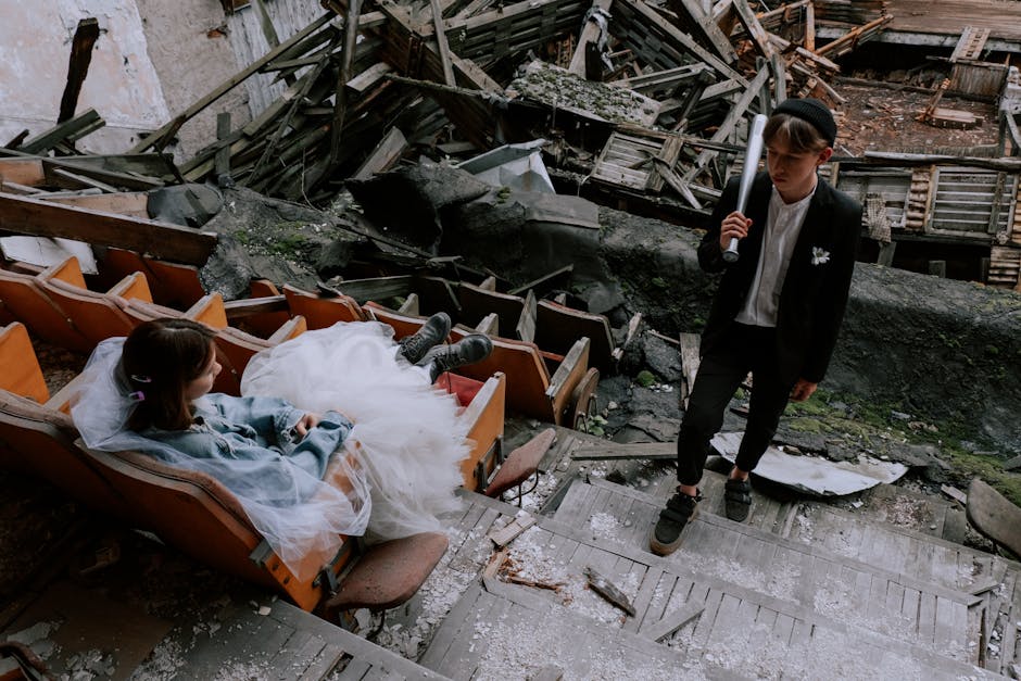 Cinematic wedding couple in dramatic lighting